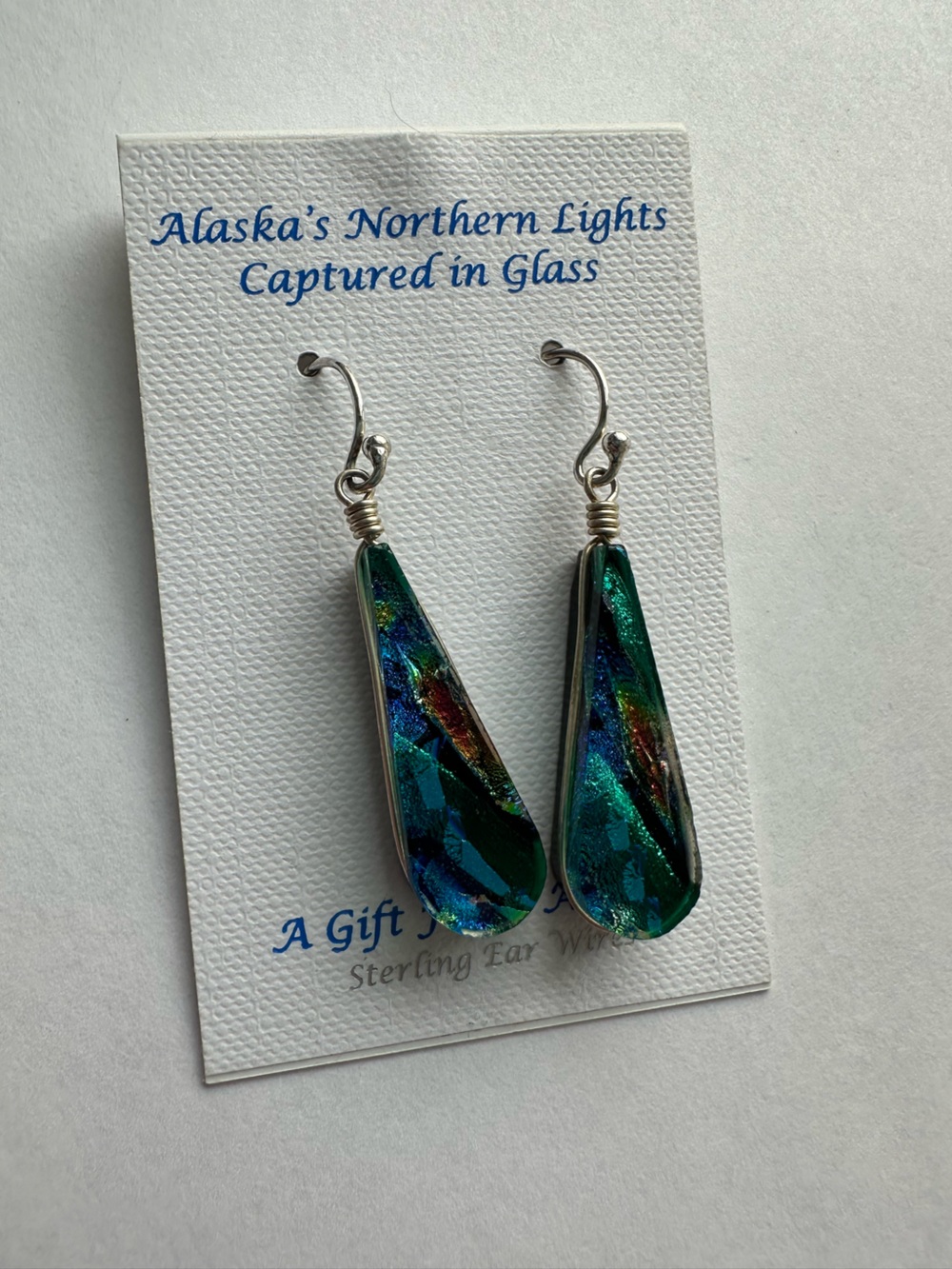 Teardrop Dichroic Glass Earrings in Green-Blue Alaska